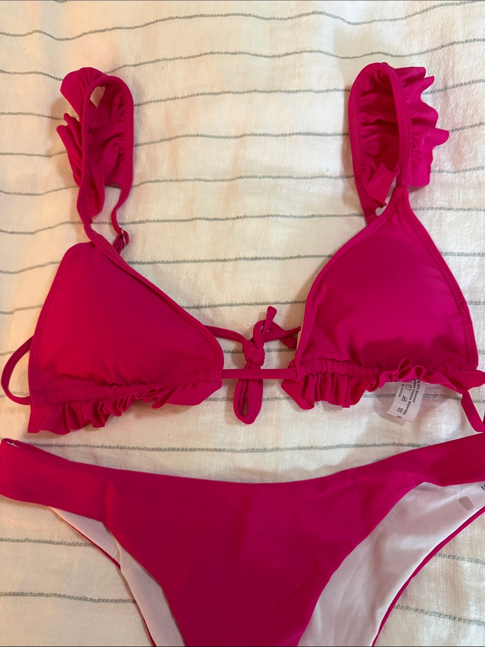 3 piece Bright Pink Ruffle Triangle Bikini Set - Picture 2 of 5